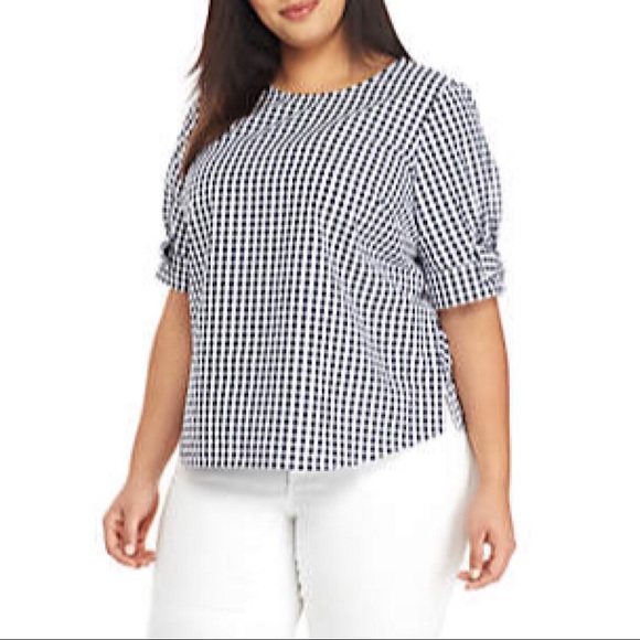 crown & ivy Tops - Crown & Ivy | Navy/White Gingham Short Sleeve Bow